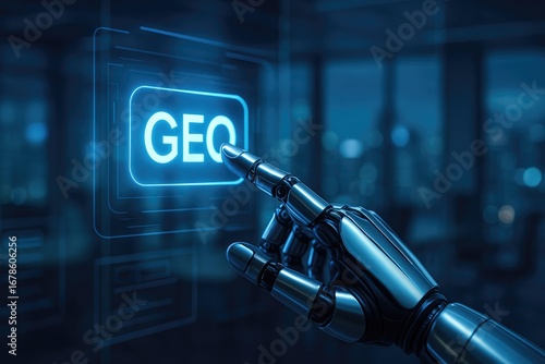 A robotic hand interacting with a glowing interface displaying the text GEO, symbolizing the concept of Generative Engine Optimization in a futuristic digital environment.