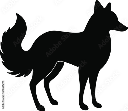 Detailed pen and ink drawing of a red fox standing alert with bushy tail and alert ears silhouette