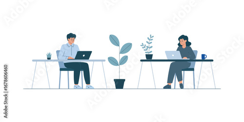 Modern flat design vector illustration of colleagues working on laptops at separate desks in an office. Concept of co-working, business, and social distancing in the workplace 