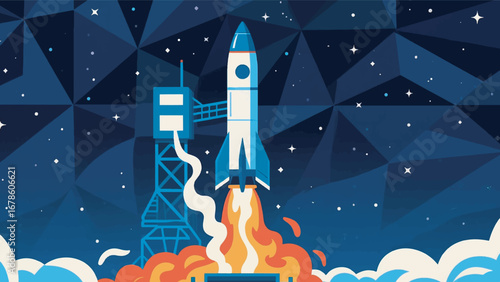 Illustration of Starship Rocket Launching from a Pad Design Template with Space Background