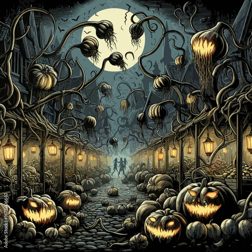 Halloween pumpkin festival scene with spooky street and full moon  