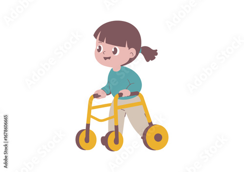 A cheerful young girl with a physical disability using a pediatric walker for mobility support, a cute flat vector character illustration