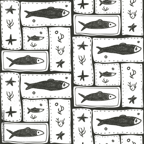 Crayon fish seamless pattern. Sardines hand drawn bento grid endless background. Nautical repeat cover. Sea patchwork continuous ornament. Surface pattern seaweeds motif. Vector kids illustration.