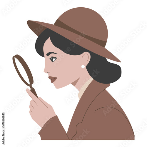 A stylish woman detective in a brown fedora and coat, meticulously inspecting with a magnifying glass. Flat vector design