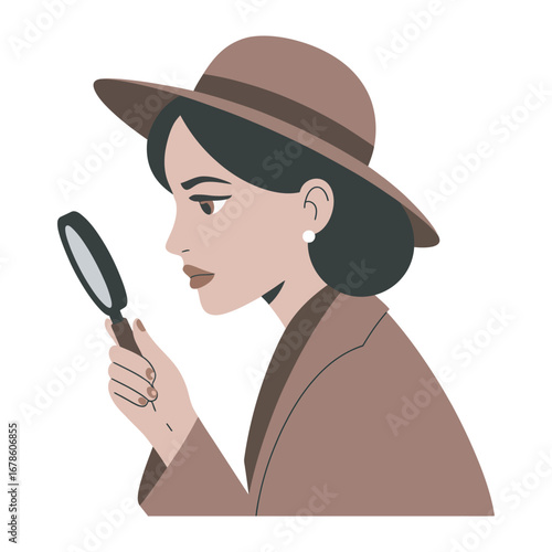 Elegant woman in a hat and coat holding a magnifying glass, isolated vector graphic for investigation themes. 