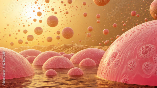 depicts a surreal, otherworldly landscape with pink, dome-shaped structures emerging from a shallow body of water. Floating above are large, round, orange objects against a warm, golden ba