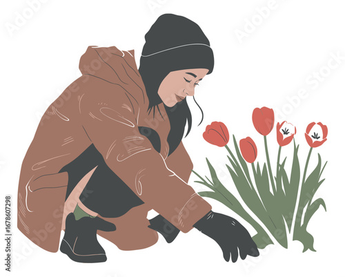 Illustrated scene of a woman in a winter coat discovering the first red tulips of spring growing through the snow