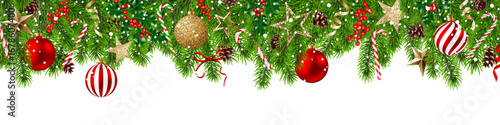 Christmas border, decoration background, fir branch, ball