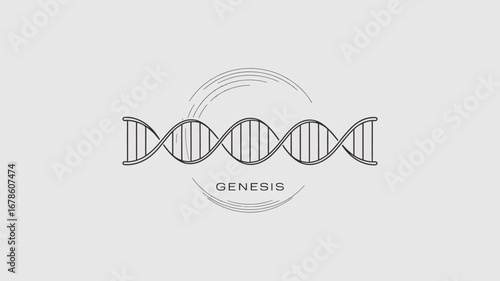 A minimalistic dna strand illustration with the word genesis and circular lines on a light gray background