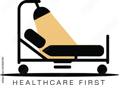 Illustration of a hospital bed with a light and the words healthcare first at the bottom edge