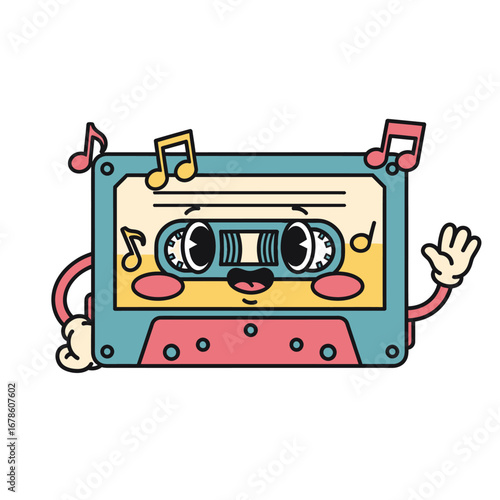 Cartoon Cassette Tape Character with Musical Notes and Waving Hand.