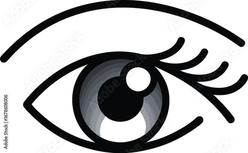 A stylized illustration of a single eye with eyebrow and eyelashes in black and white colors