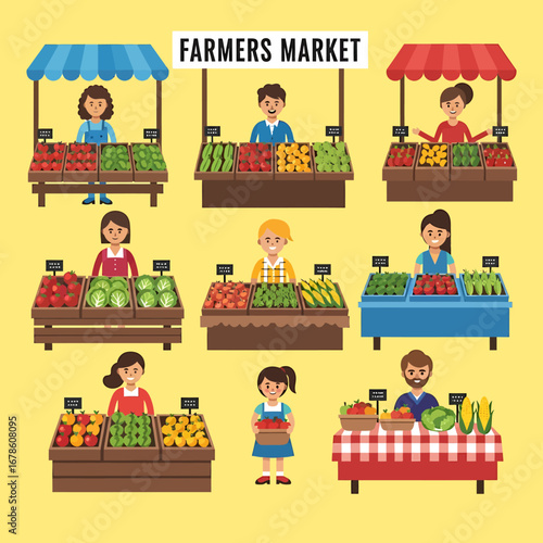 Colorful Farmers Market Stalls with Vendors Displaying Fresh Produce and Goods.