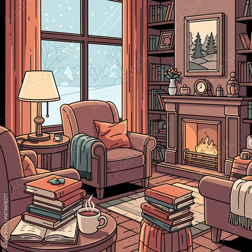 Cozy Winter Reading Nook with Fireplace and Books.