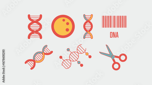A flat vector illustration featuring dna strands, a cell, a barcode, and scissors on a light background
