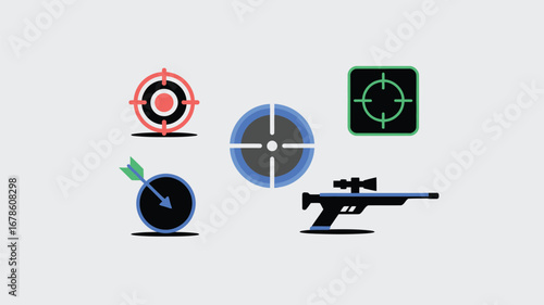 An illustration of various target symbols and a rifle with a scope on a light gray background flat style