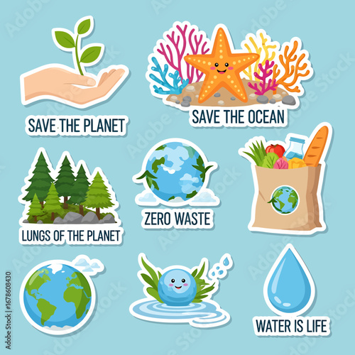 Diverse Eco-Friendly Stickers Promoting Environmental Conservation and Sustainability.
