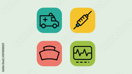 A medical icon set featuring an ambulance, syringe, nurse hat, and heart monitor on a light background