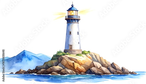 Watercolor lighthouse on a rocky island