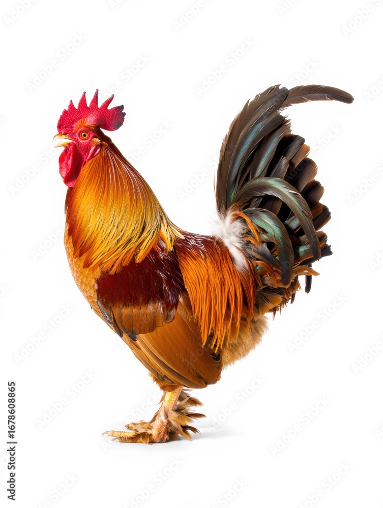 Fototapeta premium A rooster stands confidently with its feathers glistening in vibrant shades of red, orange, and brown. Its striking crown and proud stance highlight its unique characteristics