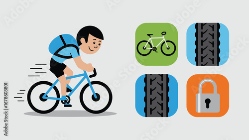Illustration depicting a cyclist with a backpack next to bicycle and lock icons on a light background