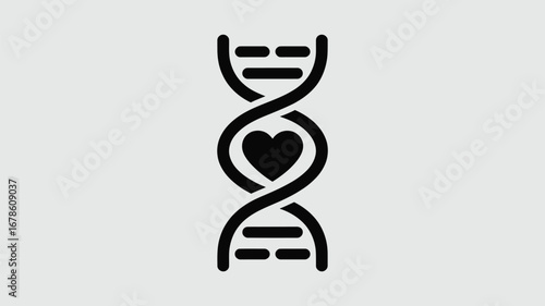 A stylized dna strand with a heart shape in the center on a light gray background illustration