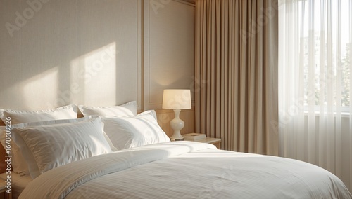 Serene Bedroom Interior with Natural Light, Neutral Tones and Elegant Decor.