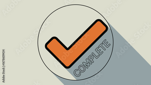 An illustration of an orange check mark inside a circle with the word complete written next to it