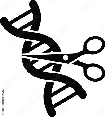A black and white illustration of a dna strand being cut by a pair of scissors in a simple design