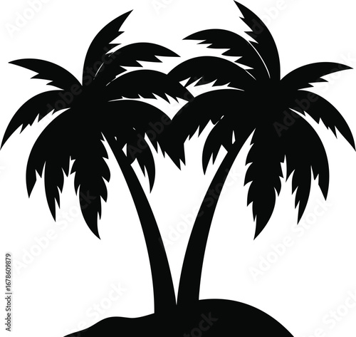 Silhouetted twin palm trees on a tropical island representing paradise and summer vacation silhouette