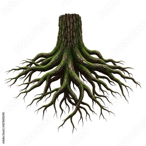 Exposed tree roots with intricate patterns, showcasing the strength and connection to nature, isolated on transparent background