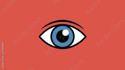 A simple cartoon eye illustration featuring a blue iris and black pupil on a red background color
