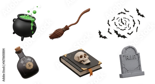 Spooky 3D Halloween collection featuring a witch's cauldron, broom, flying bats, potion bottle, skull book, and tombstone for festive seasonal designs