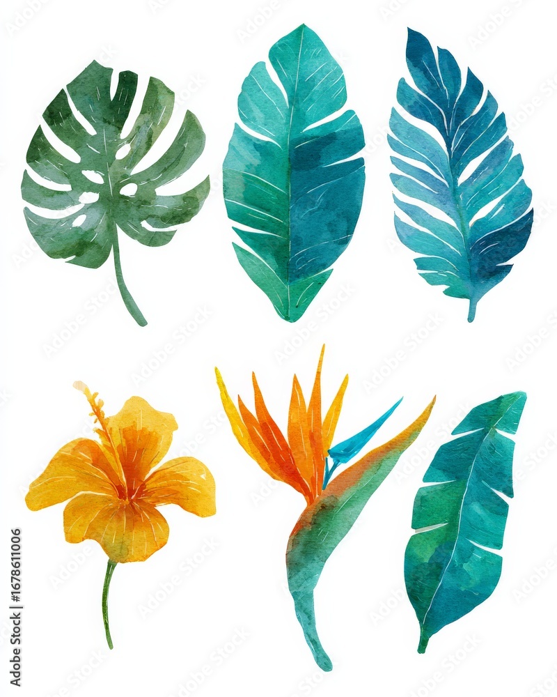 Fototapeta premium Colorful watercolor leaves and plants on a white background, featuring various shapes and shades.