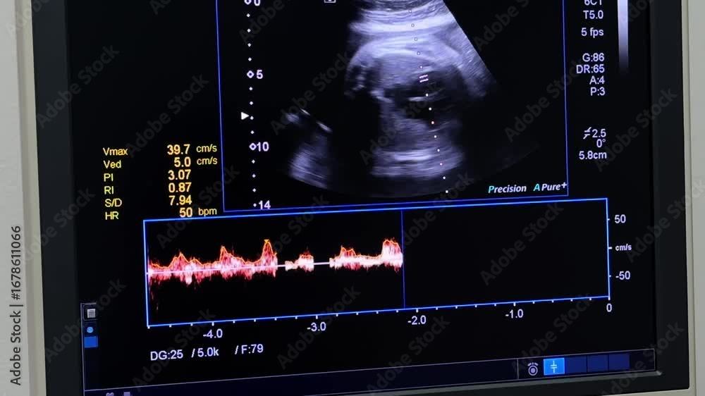2D Ultrasound display of 37 weeks pregnant. Fetus ultrasound image that show important organs.