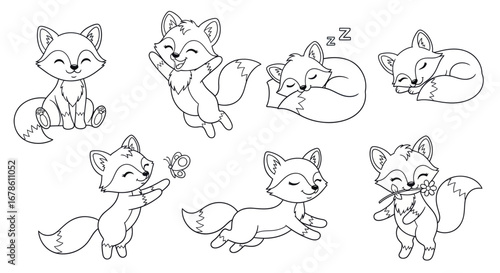Adorable fox cubs in playful poses for coloring books or kids' crafts projects