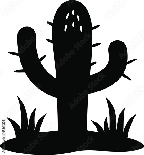 Stylized silhouette of a saguaro cactus with prickles and ground foliage for desert themed designs silhouette
