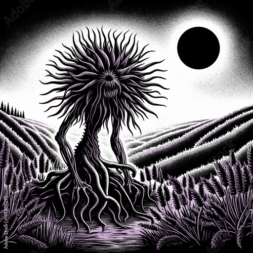 Abstract tree-like creature with wild hair under a dark moon  