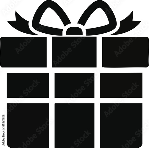 A simple, black and white illustration of a wrapped gift box with a decorative bow on top.