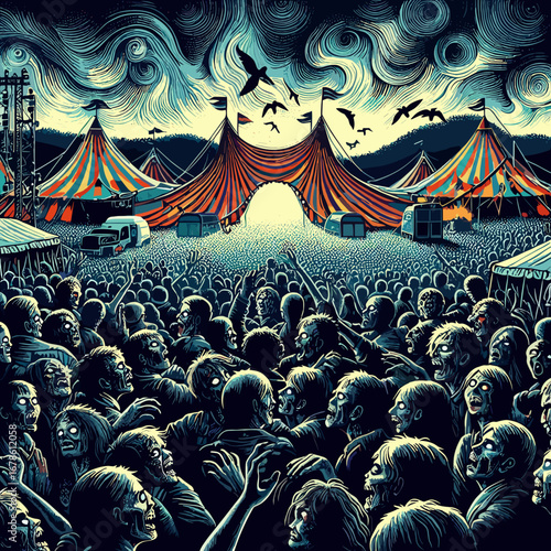 Crowded festival scene with eerie atmosphere and dark clouds  