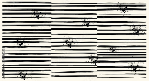 Abstract art piece featuring horizontal black brushstrokes and scattered ink splatters.