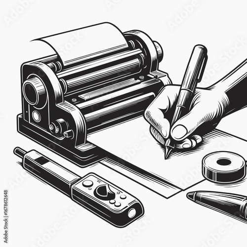 Hand using pen to write on paper next to printing press and tools  