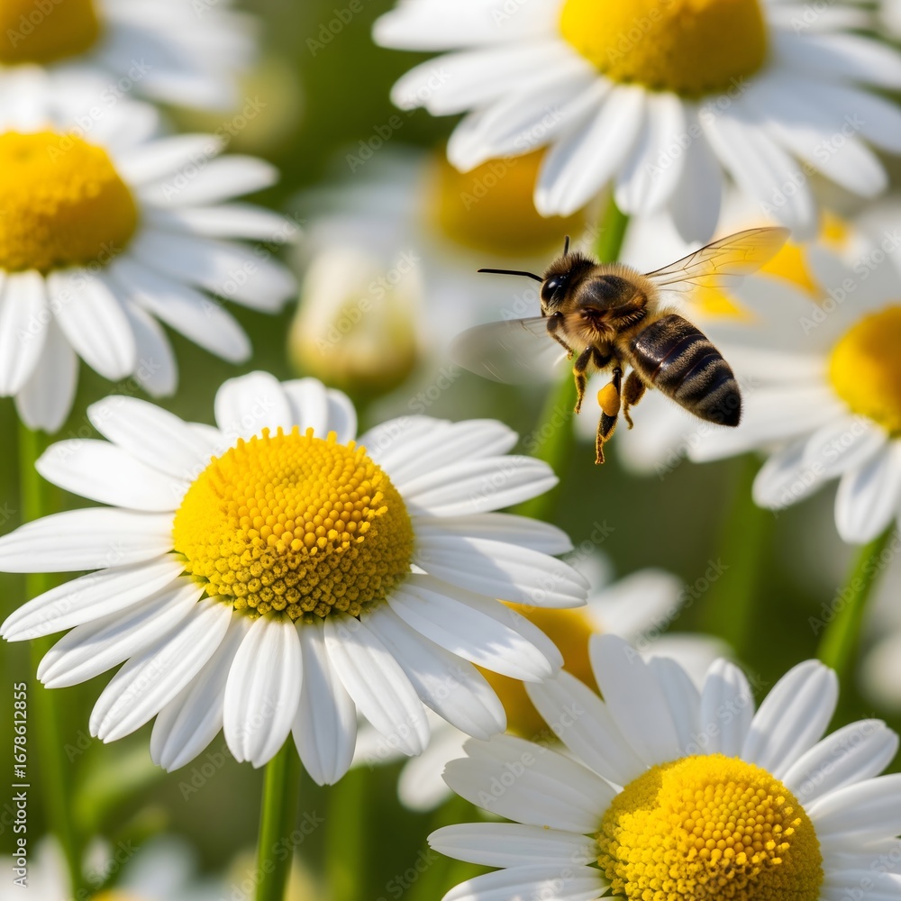 Obraz premium A busy bee collects nectar from a field of bright white daisies on a sunny day