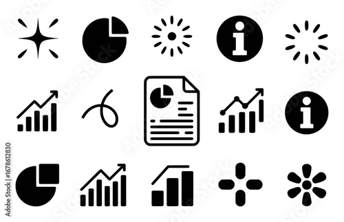 Collection of Business and Data Icons: Charts, Graphs, and Information Symbols