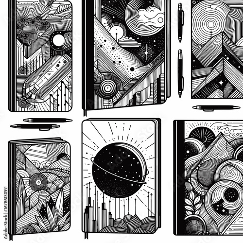 Black and white notebook mockup with abstract designs and patterns  