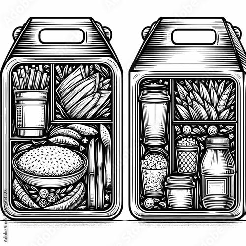 Transparent food box mockup with assorted meals and drinks  
