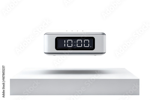 Digital alarm clock with glowing LED display showing 10:00, isolated on white background.