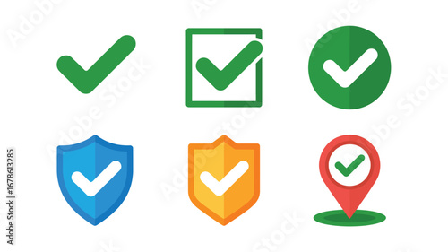 A collection of six different check mark icons in various shapes and colors on a white background
