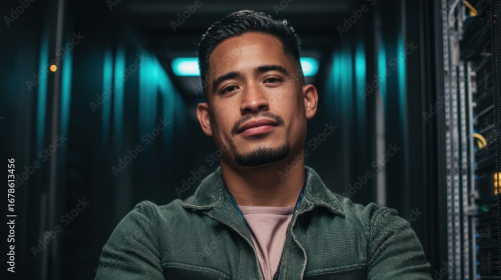 Obraz premium A confident young man with a tongue piercing and facial hair stands in a server room,
