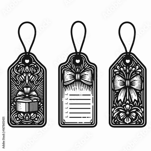 Decorative gift tag mockup with bows and floral designs  